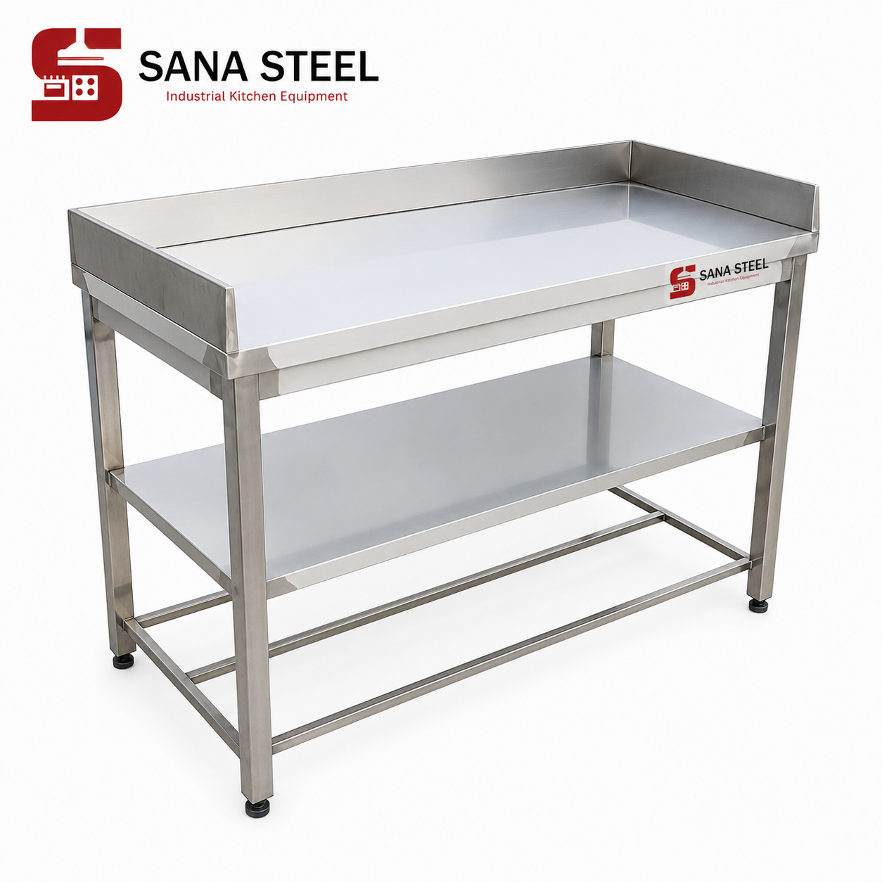 میز کار ۱۲۰×۶۵ لبه دار و یک طبقه استیل