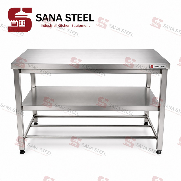 میز کار ۱۲۰×۶۵ با یک طبقه استیل سنا استیل
